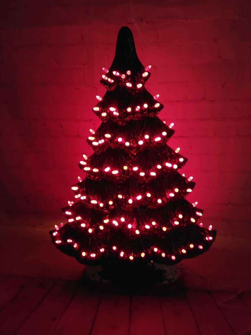 Ceramic Christmas Mantle Tree - 25" - Green Lustre Glaze with Red Bulbs - Handma